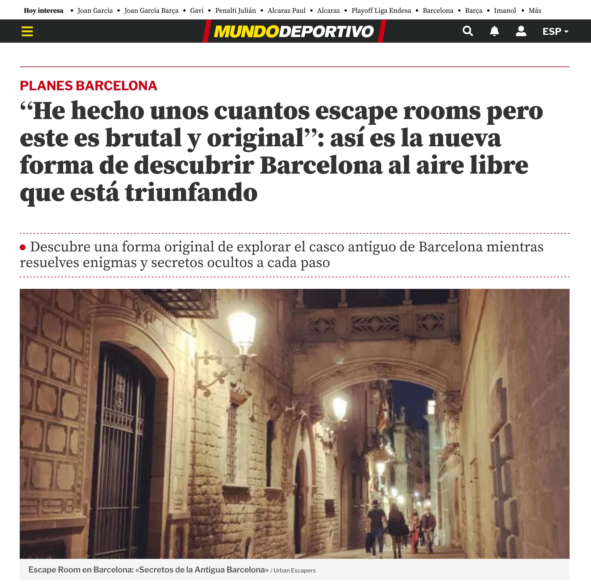 Urban Escapers y sus Escape Rooms al aire libre en Barcelona en el diario Mundo Deportivo